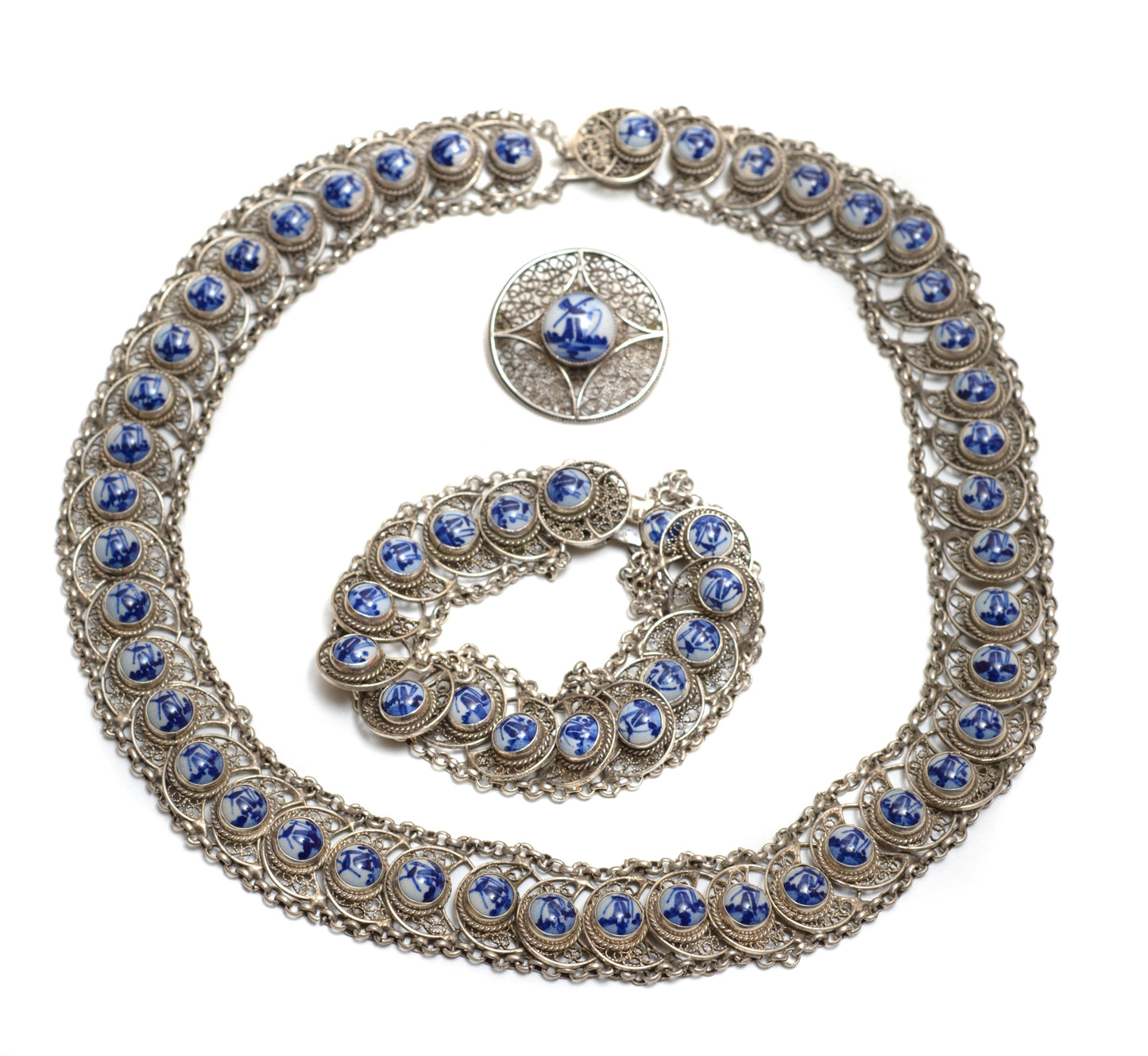 Vintage Dutch 833 Silver Necklace, Bracelet & Brooch Set Delft Panels (B2551)