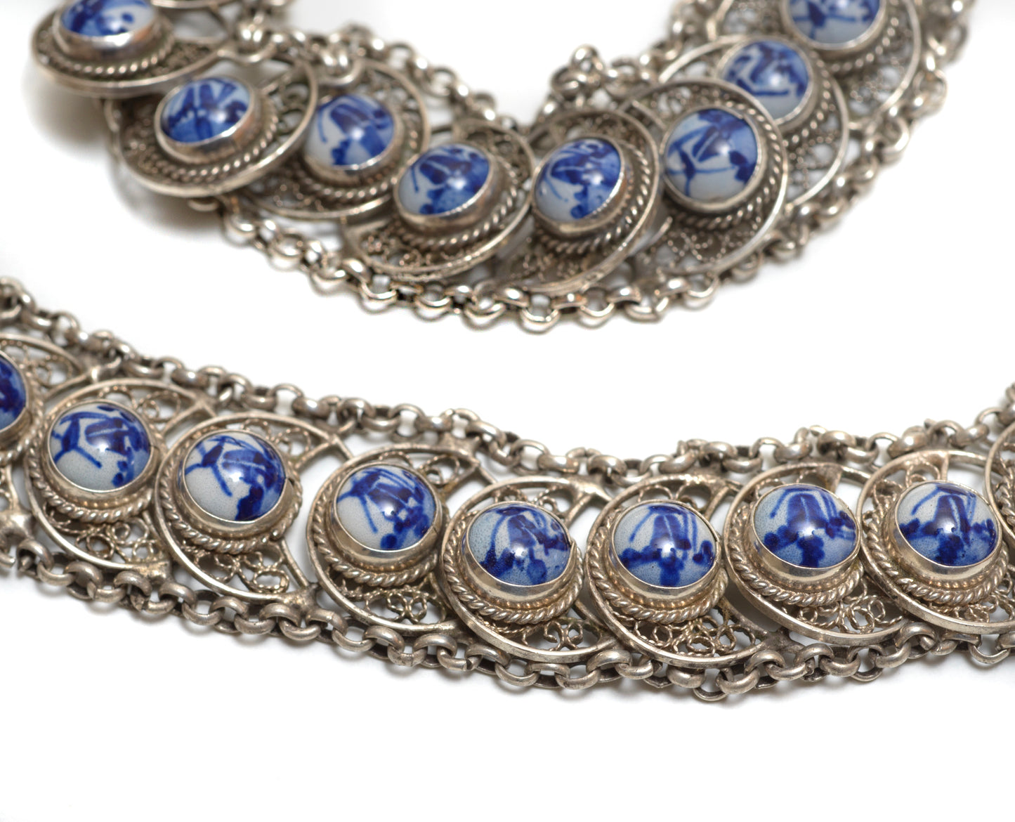 Vintage Dutch 833 Silver Necklace, Bracelet & Brooch Set Delft Panels (B2551)