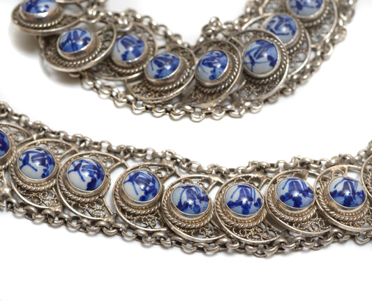 Vintage Dutch 833 Silver Necklace, Bracelet & Brooch Set Delft Panels (B2551)