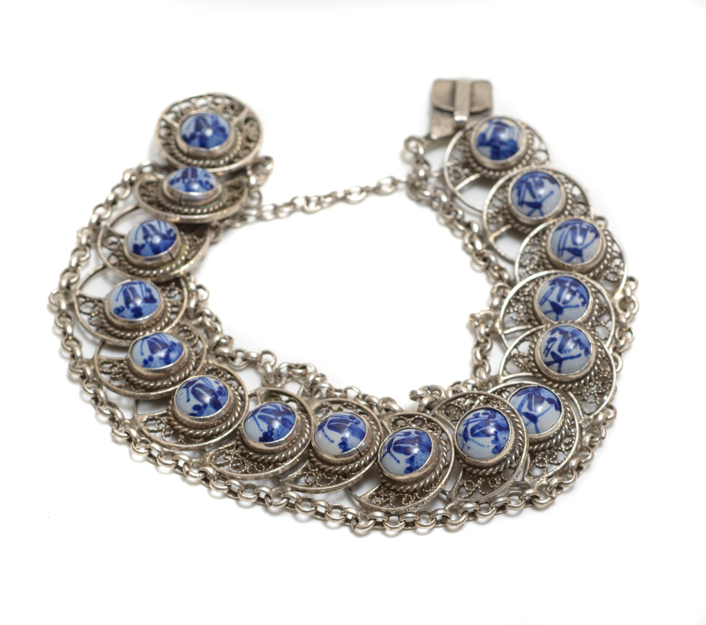 Vintage Dutch 833 Silver Necklace, Bracelet & Brooch Set Delft Panels (B2551)
