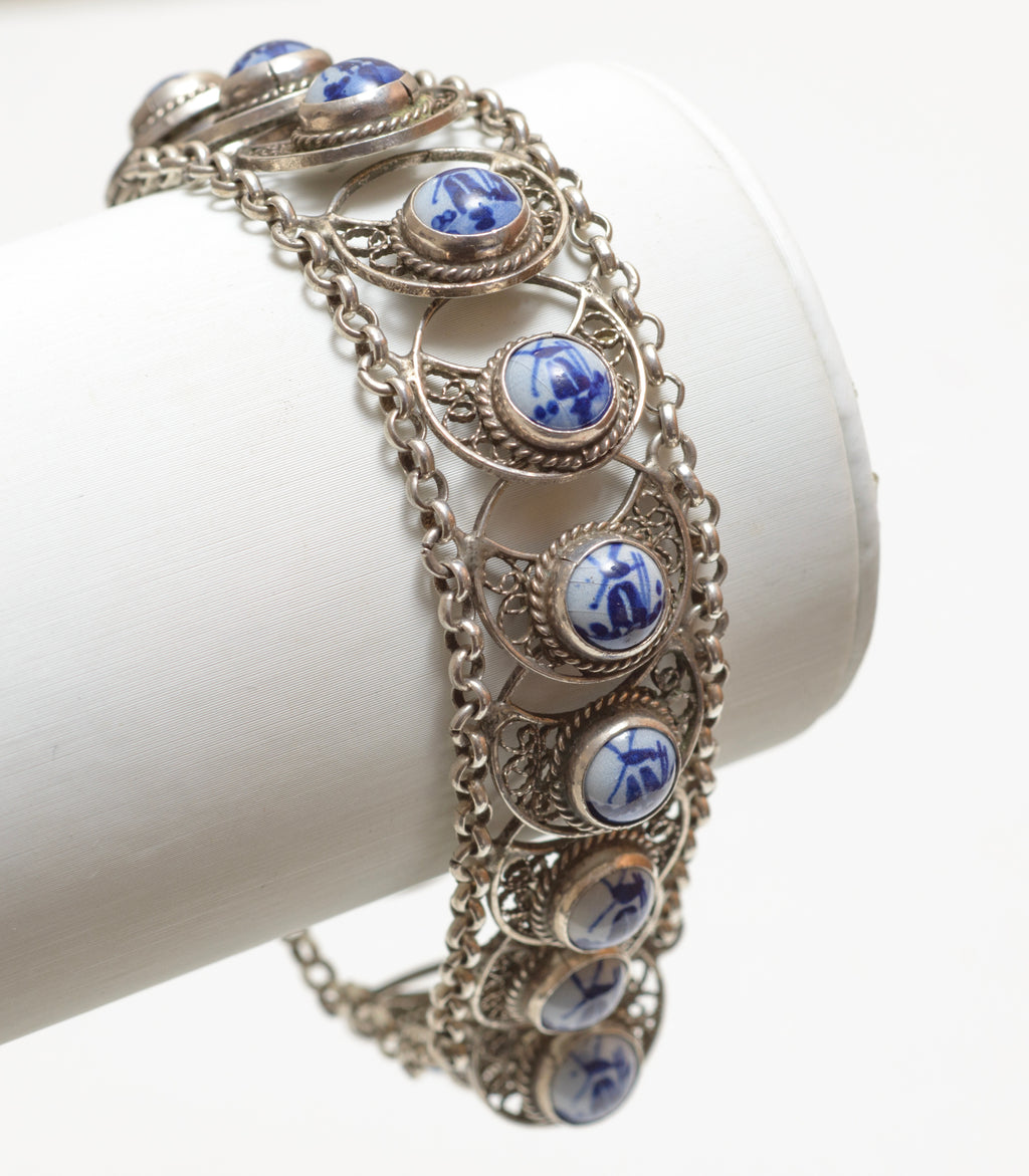 Vintage Dutch 833 Silver Necklace, Bracelet & Brooch Set Delft Panels (B2551)