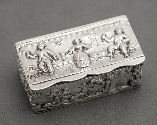Antique Victorian Sterling Silver Pill/Snuff Box Fox & Stork + Tavern Scene (B2572)