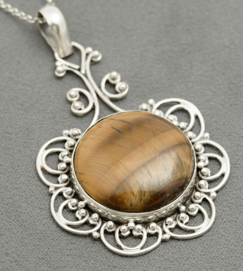 Vintage Sterling Silver & Large Natural Tigers Eye Cabochon Pendant Necklace (B2586)