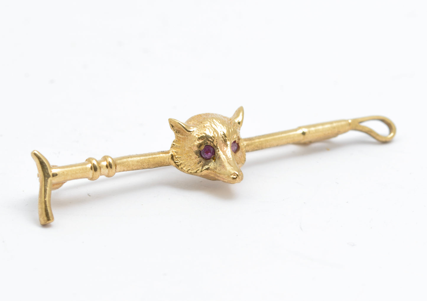 Vintage 9ct Gold Fox & Riding Crop Bar Brooch With Ruby Eyes Hallmarked 1962 (B2590)