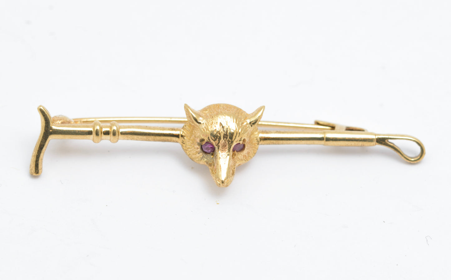 Vintage 9ct Gold Fox & Riding Crop Bar Brooch With Ruby Eyes Hallmarked 1962 (B2590)