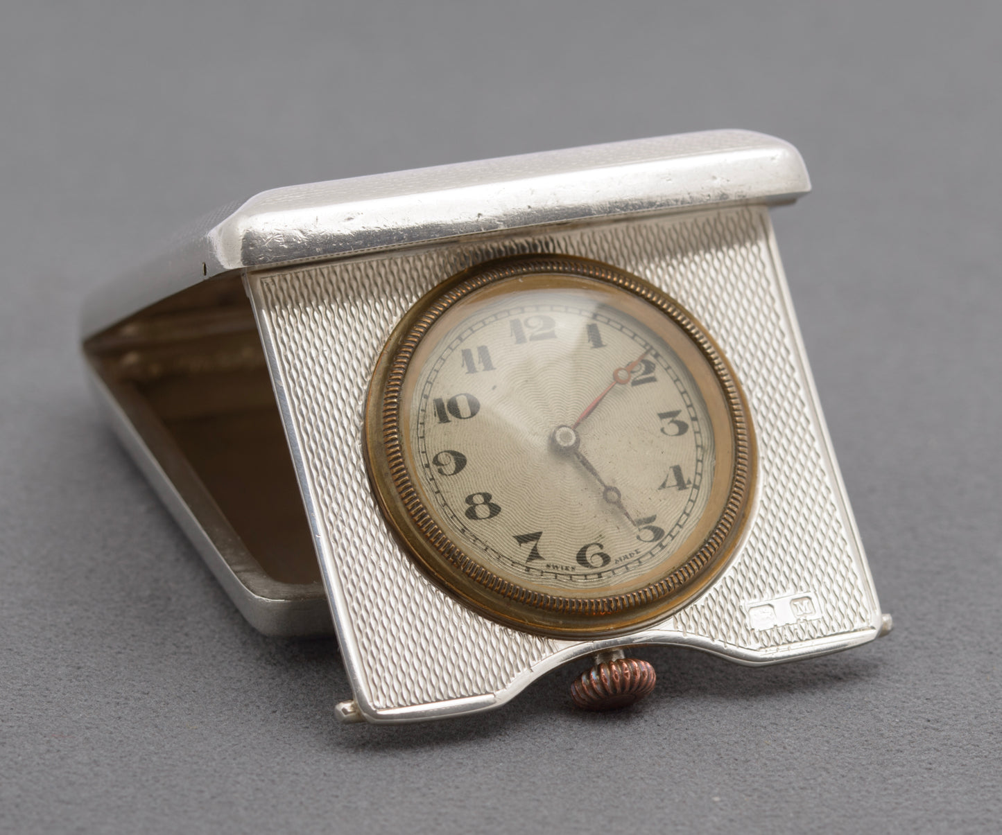 Art Deco Hallmarked 1936 Sterling Silver Case Travelling Folding Clock by Turner & Simpson (B2600)