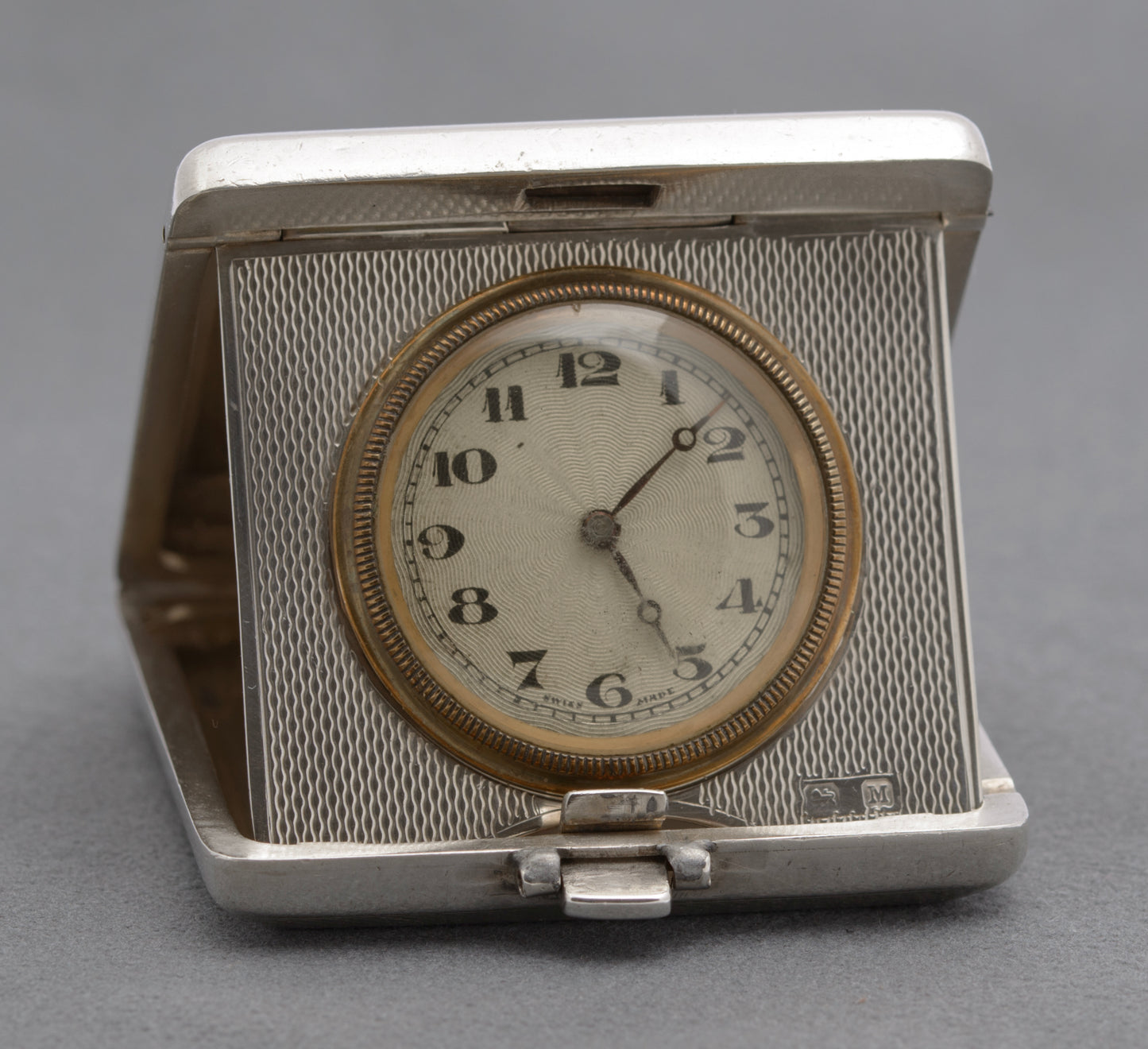 Art Deco Hallmarked 1936 Sterling Silver Case Travelling Folding Clock by Turner & Simpson (B2600)