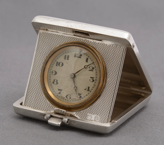 Art Deco Hallmarked 1936 Sterling Silver Case Travelling Folding Clock by Turner & Simpson (B2600)