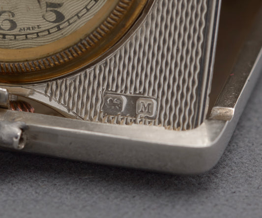Art Deco Hallmarked 1936 Sterling Silver Case Travelling Folding Clock by Turner & Simpson (B2600)