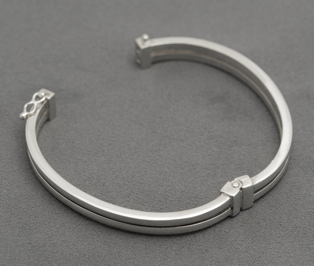 Vintage 925 Sterling Silver Hinged Bangle Double Bar Design 1980's Retro (B2604)