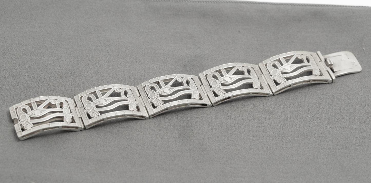 Vintage Egyptian .900 Silver Eye Of Horus Panel Bracelet Cairo Marks (B2605)