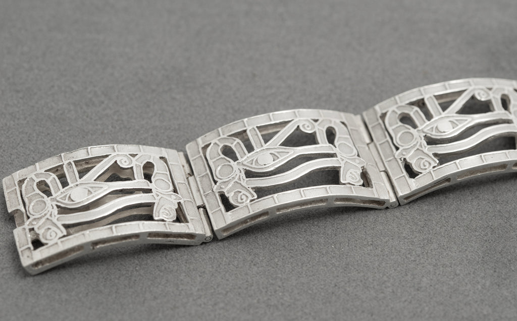 Vintage Egyptian .900 Silver Eye Of Horus Panel Bracelet Cairo Marks (B2605)