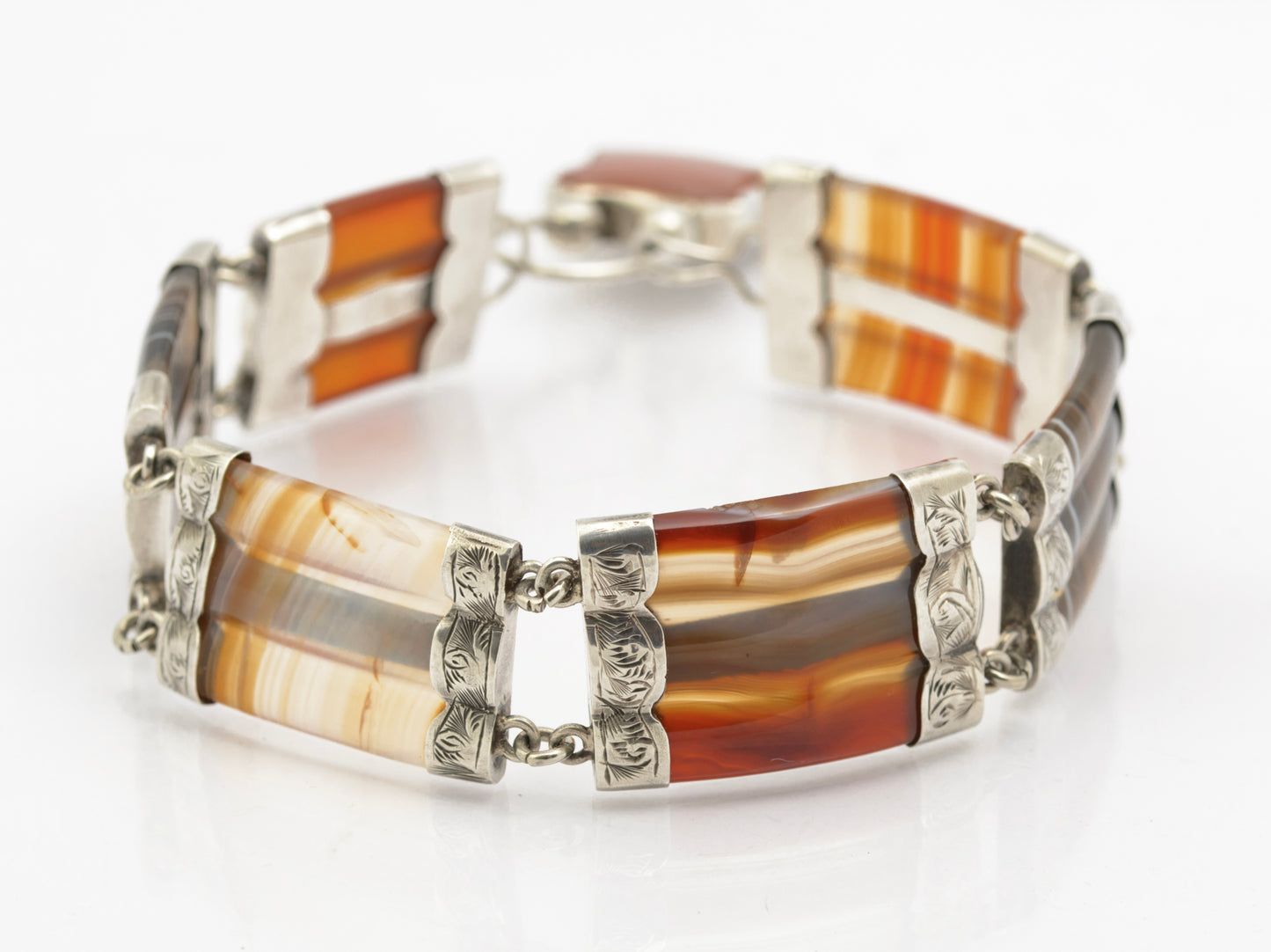 Antique Scottish Sterling Silver & Agate Bracelet With Decorative Clasp c.1870 (B2621)