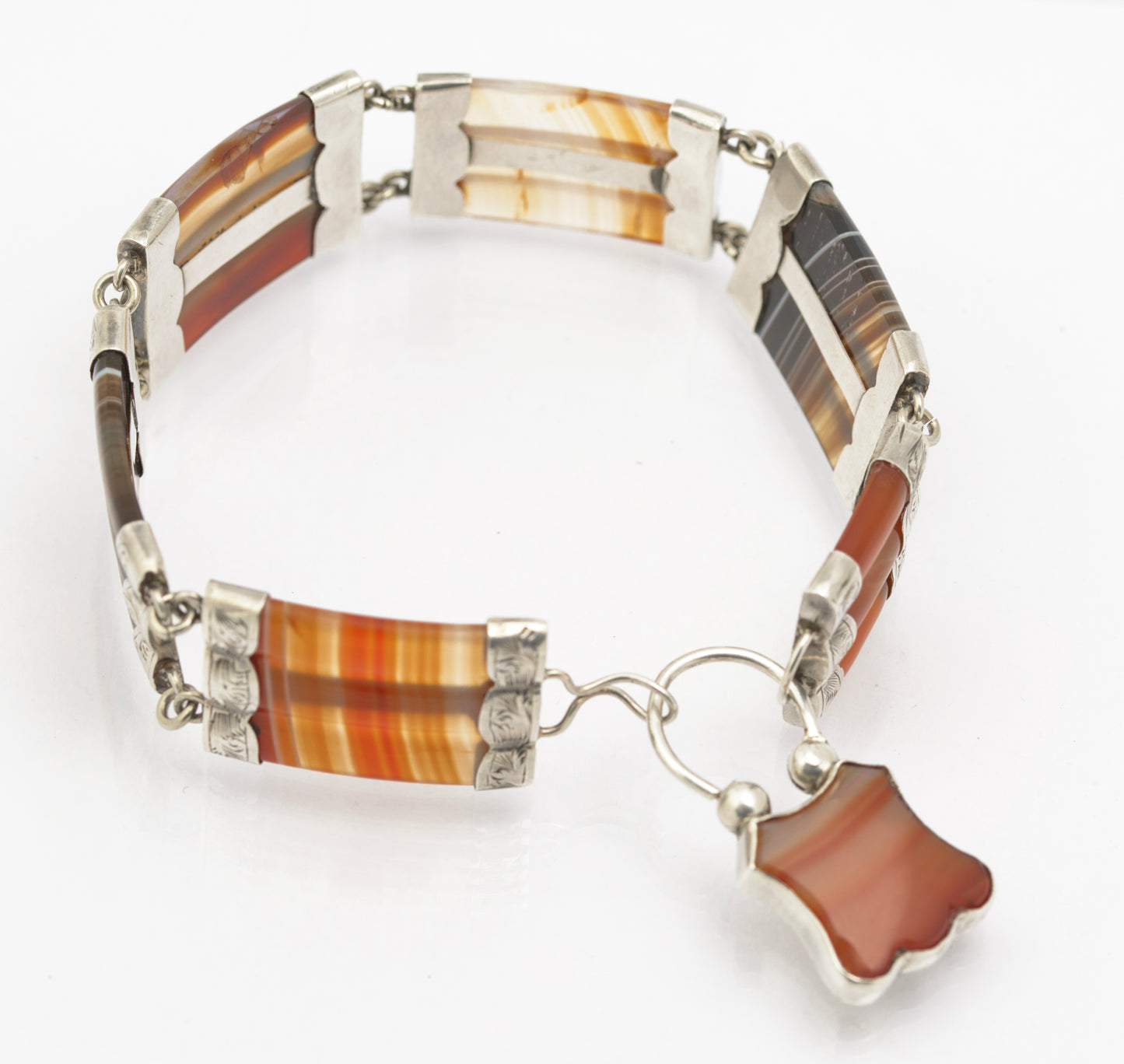 Antique Scottish Sterling Silver & Agate Bracelet With Decorative Clasp c.1870 (B2621)