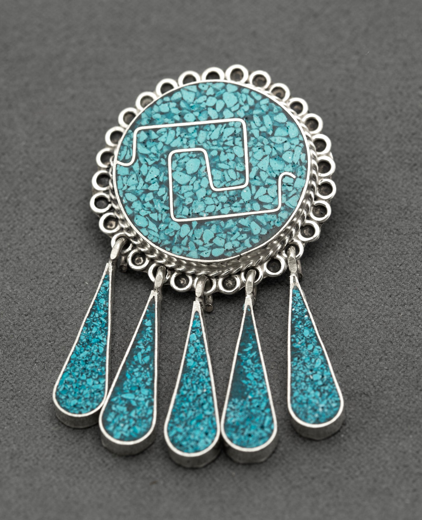 Vintage Mexican Taxco Sterling Silver & Turquoise Brooch/Pendant With Droppers (B2625)