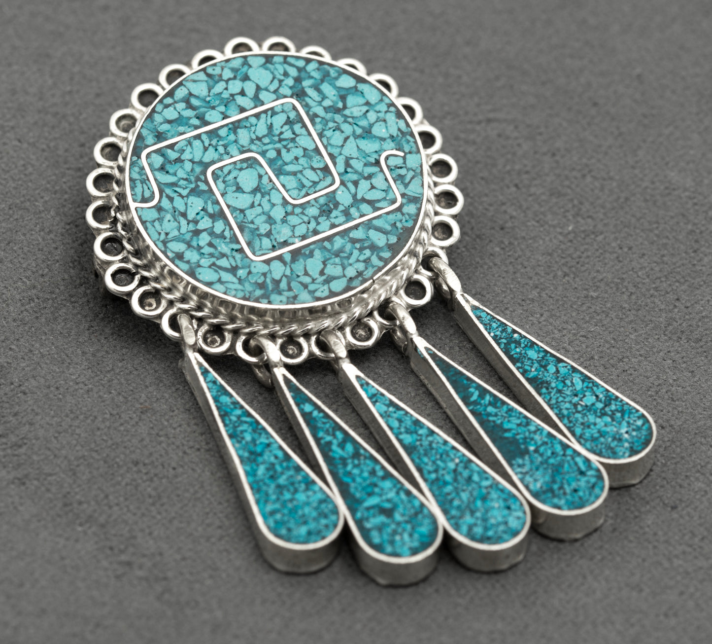 Vintage Mexican Taxco Sterling Silver & Turquoise Brooch/Pendant With Droppers (B2625)