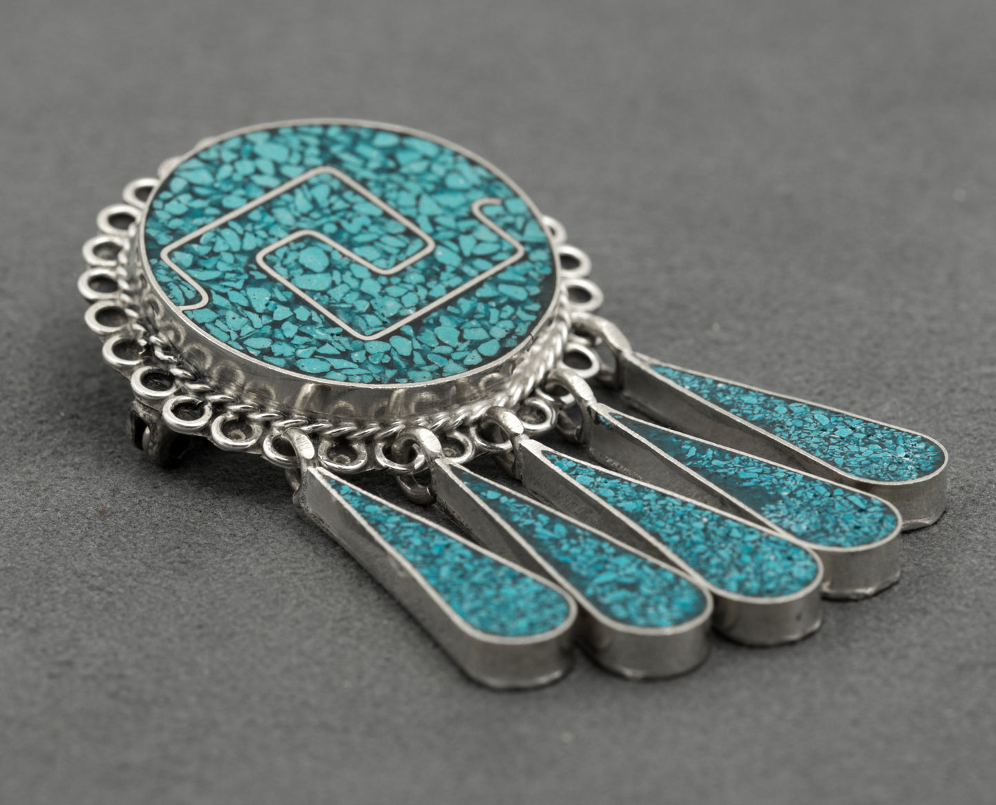 Vintage Mexican Taxco Sterling Silver & Turquoise Brooch/Pendant With Droppers (B2625)
