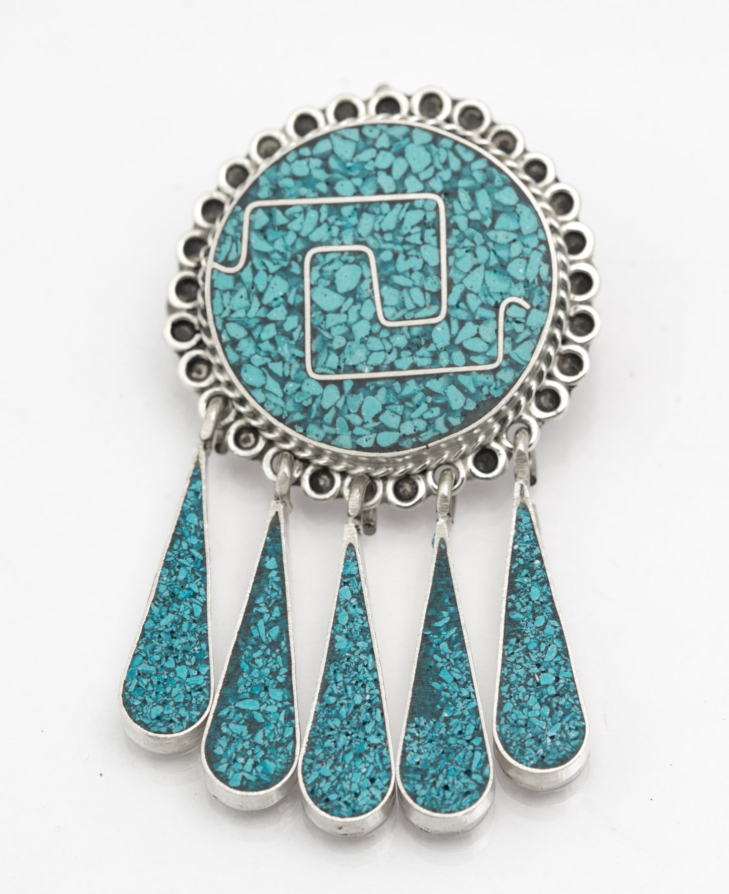 Vintage Mexican Taxco Sterling Silver & Turquoise Brooch/Pendant With Droppers (B2625)