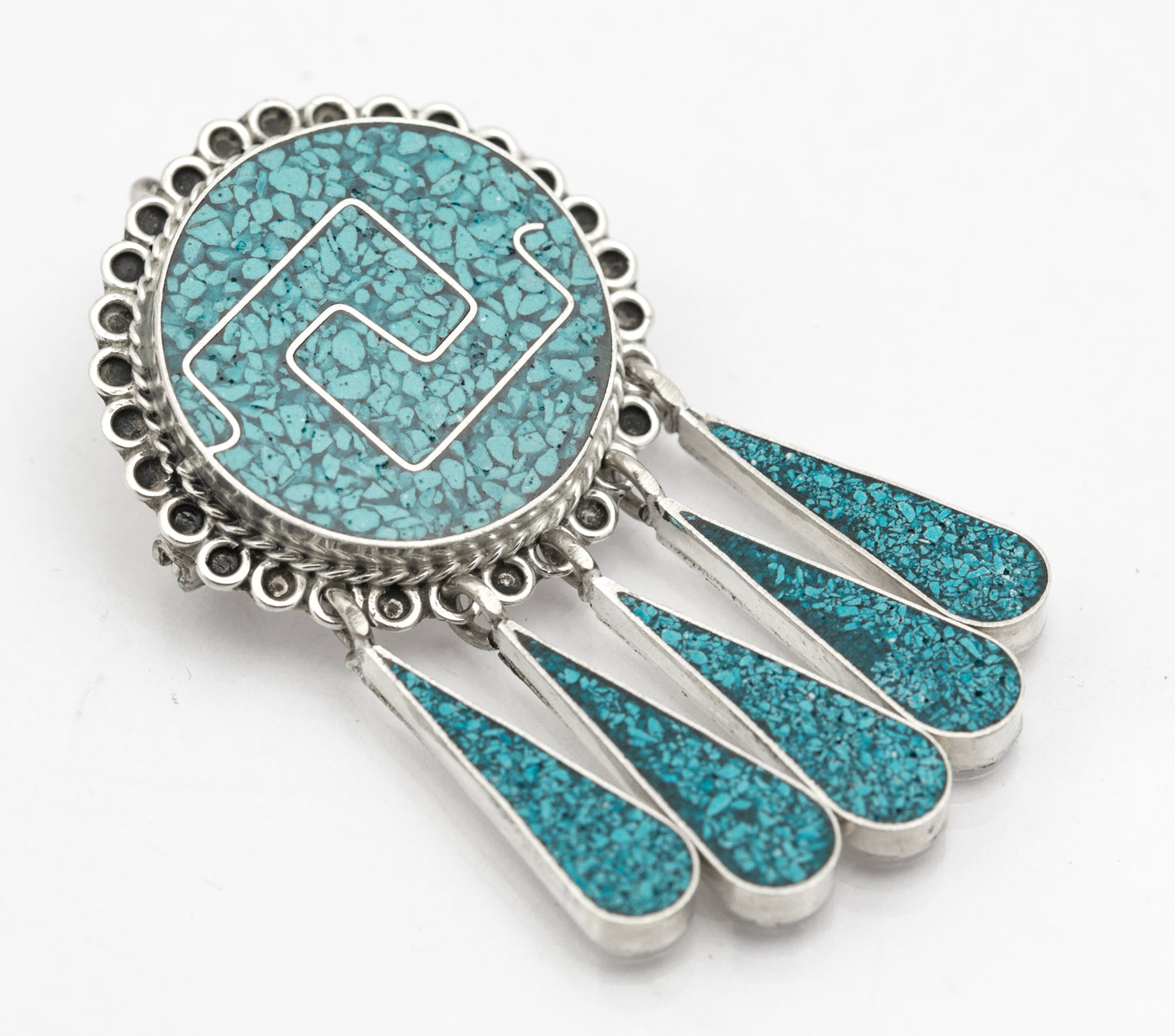 Vintage Mexican Taxco Sterling Silver & Turquoise Brooch/Pendant With Droppers (B2625)