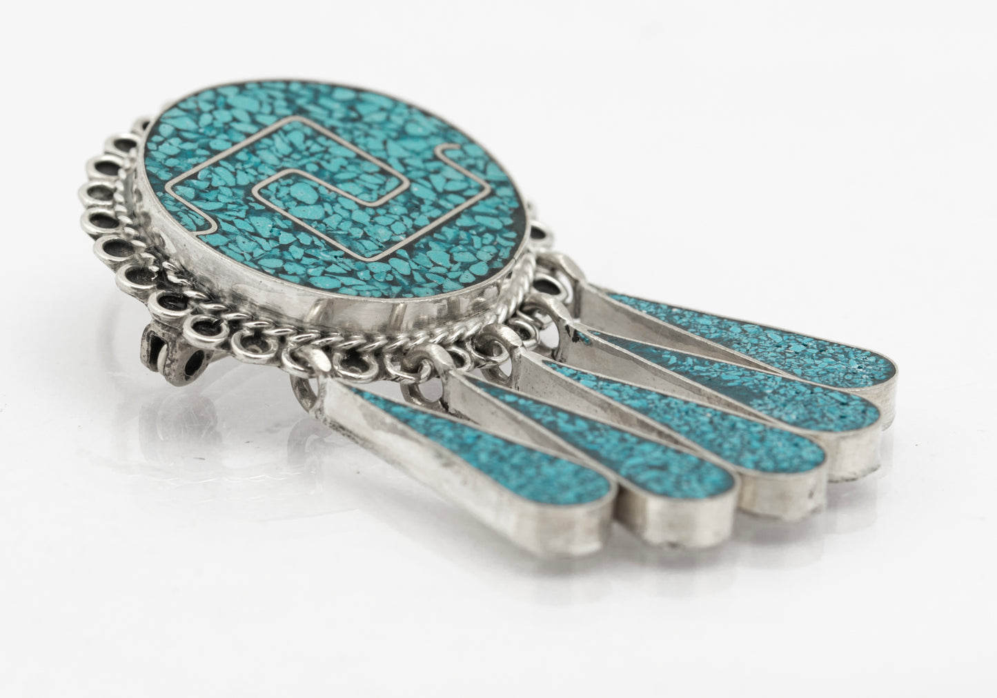 Vintage Mexican Taxco Sterling Silver & Turquoise Brooch/Pendant With Droppers (B2625)