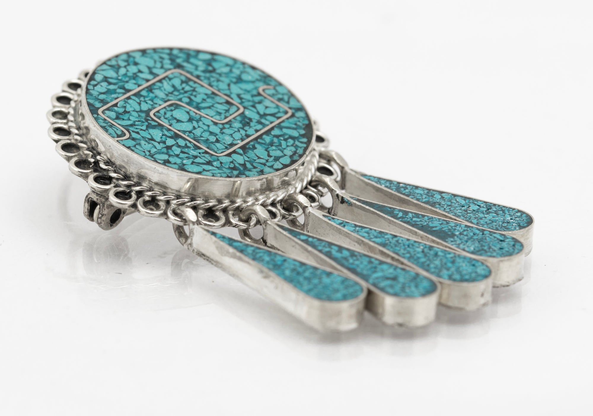 Vintage Mexican Taxco Sterling Silver & Turquoise Brooch/Pendant With Droppers (B2625)