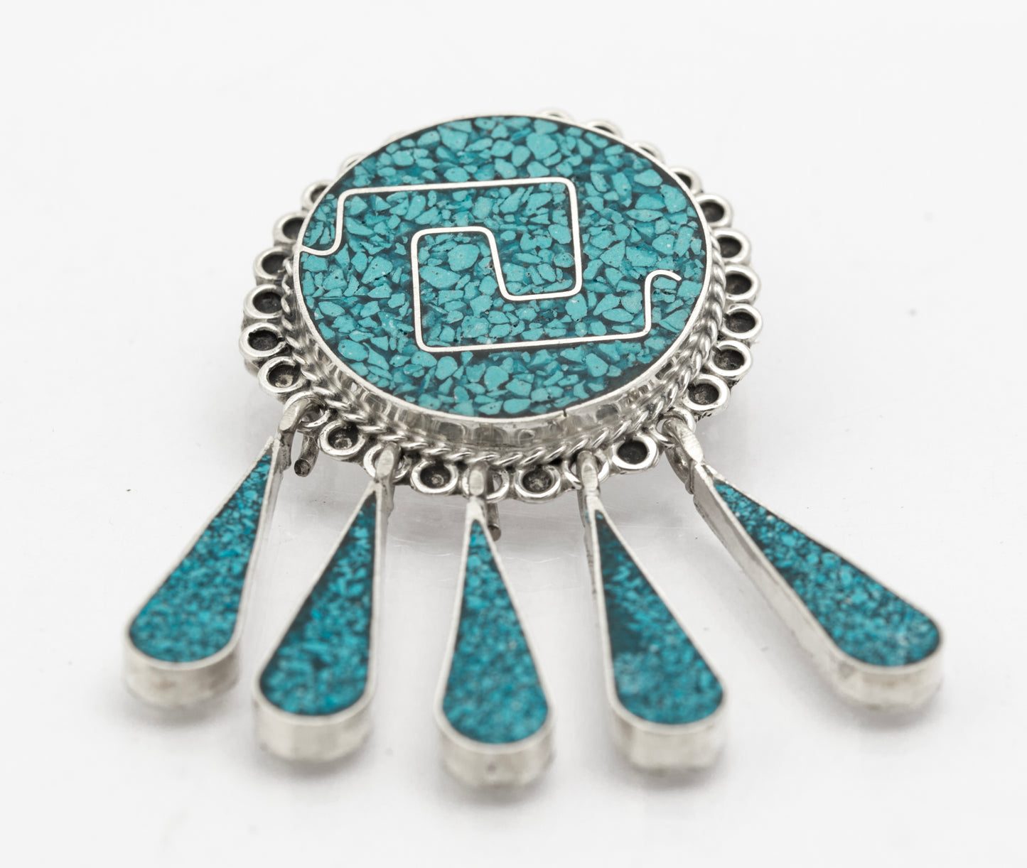Vintage Mexican Taxco Sterling Silver & Turquoise Brooch/Pendant With Droppers (B2625)