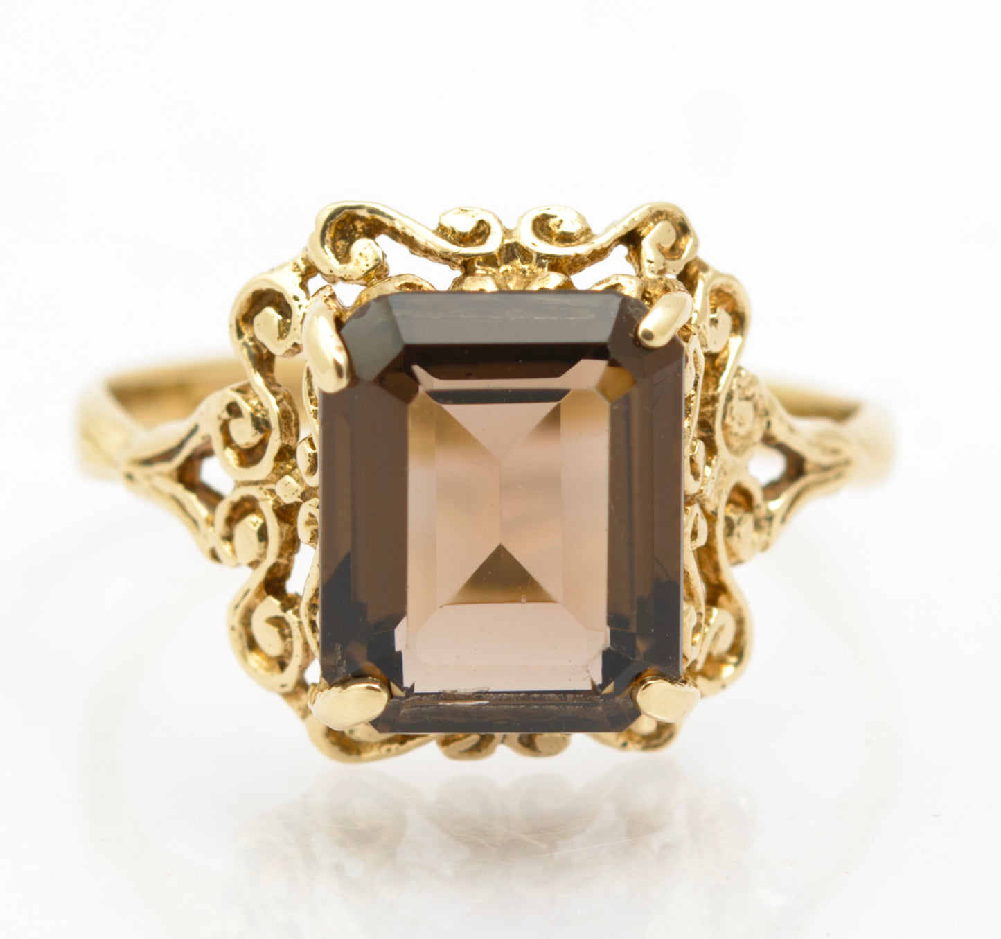 Vintage 9ct Gold & Natural Emerald Cut Smoky Quartz Gemstone Ring Size N1/2 (B2629)