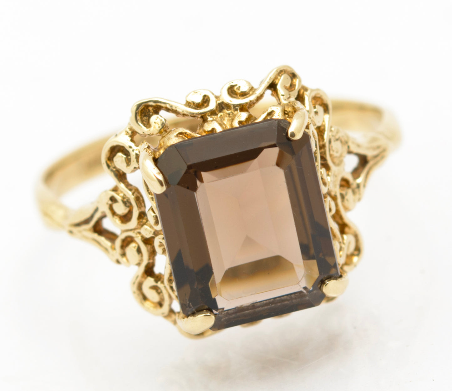 Vintage 9ct Gold & Natural Emerald Cut Smoky Quartz Gemstone Ring Size N1/2 (B2629)