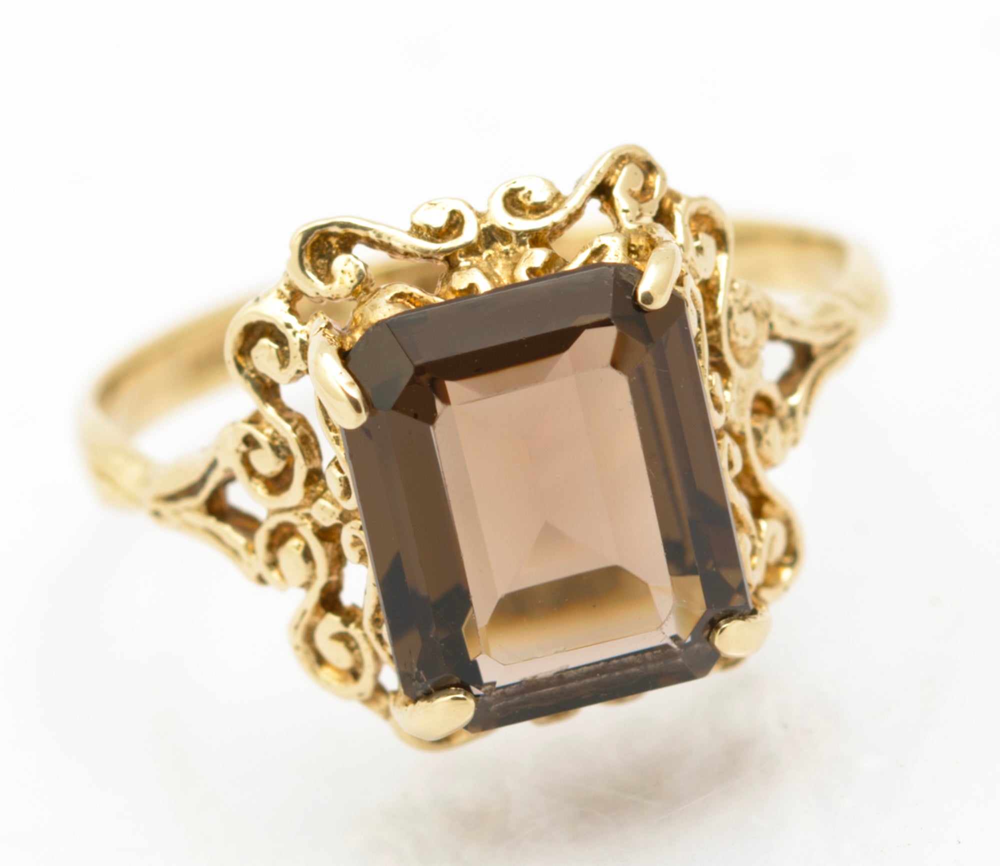 Vintage 9ct Gold & Natural Emerald Cut Smoky Quartz Gemstone Ring Size N1/2 (B2629)