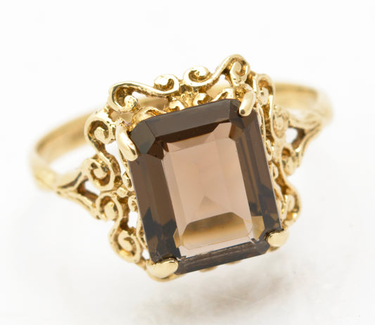 Vintage 9ct Gold & Natural Emerald Cut Smoky Quartz Gemstone Ring Size N1/2 (B2629)