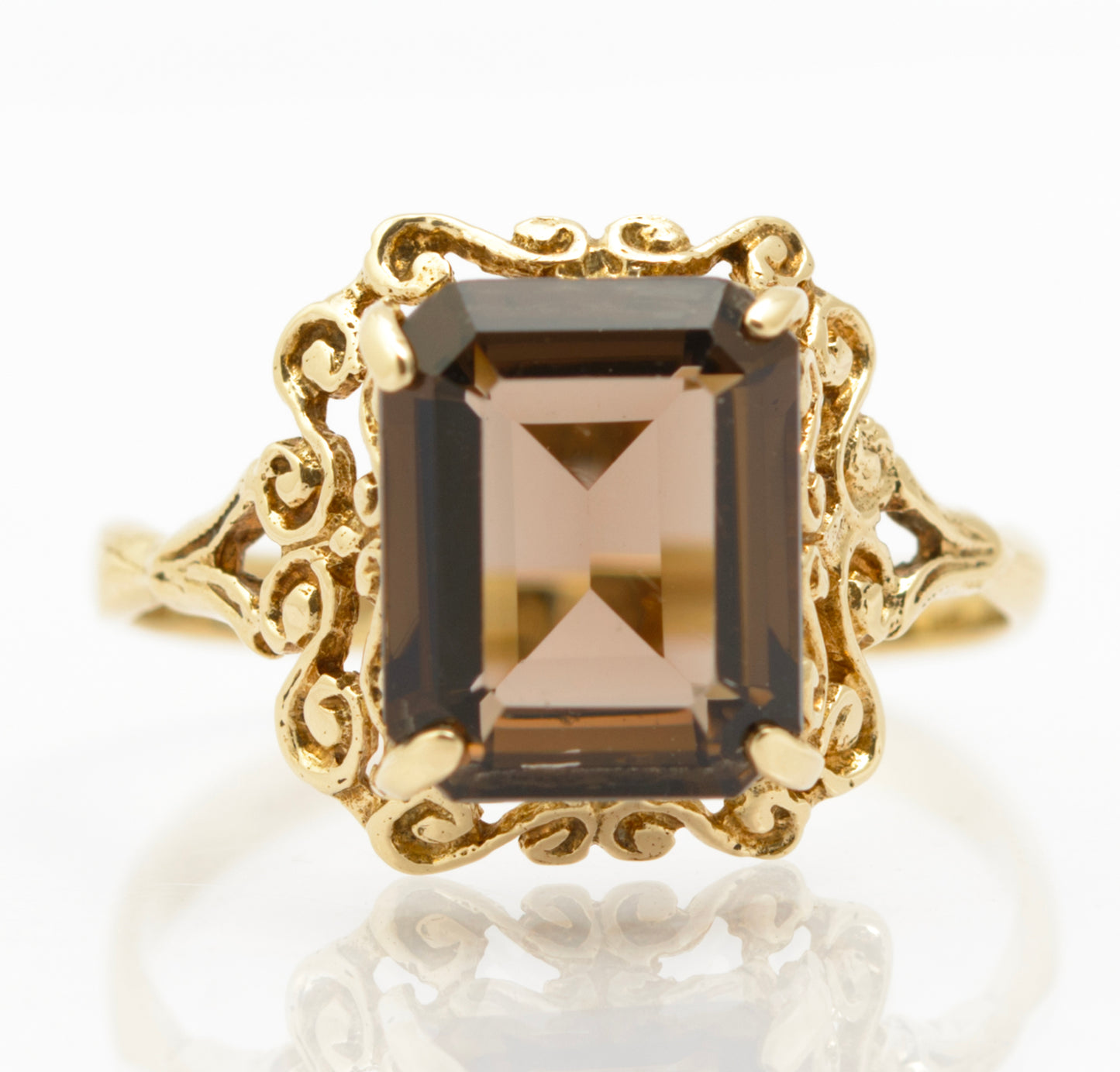 Vintage 9ct Gold & Natural Emerald Cut Smoky Quartz Gemstone Ring Size N1/2 (B2629)