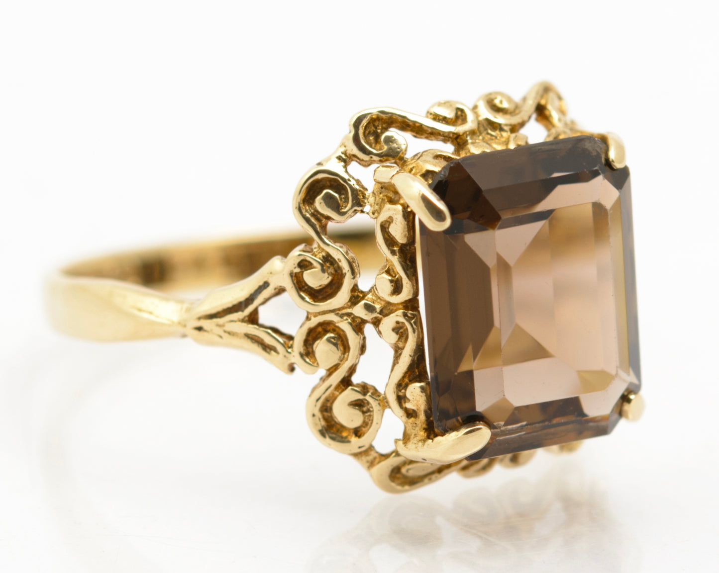 Vintage 9ct Gold & Natural Emerald Cut Smoky Quartz Gemstone Ring Size N1/2 (B2629)