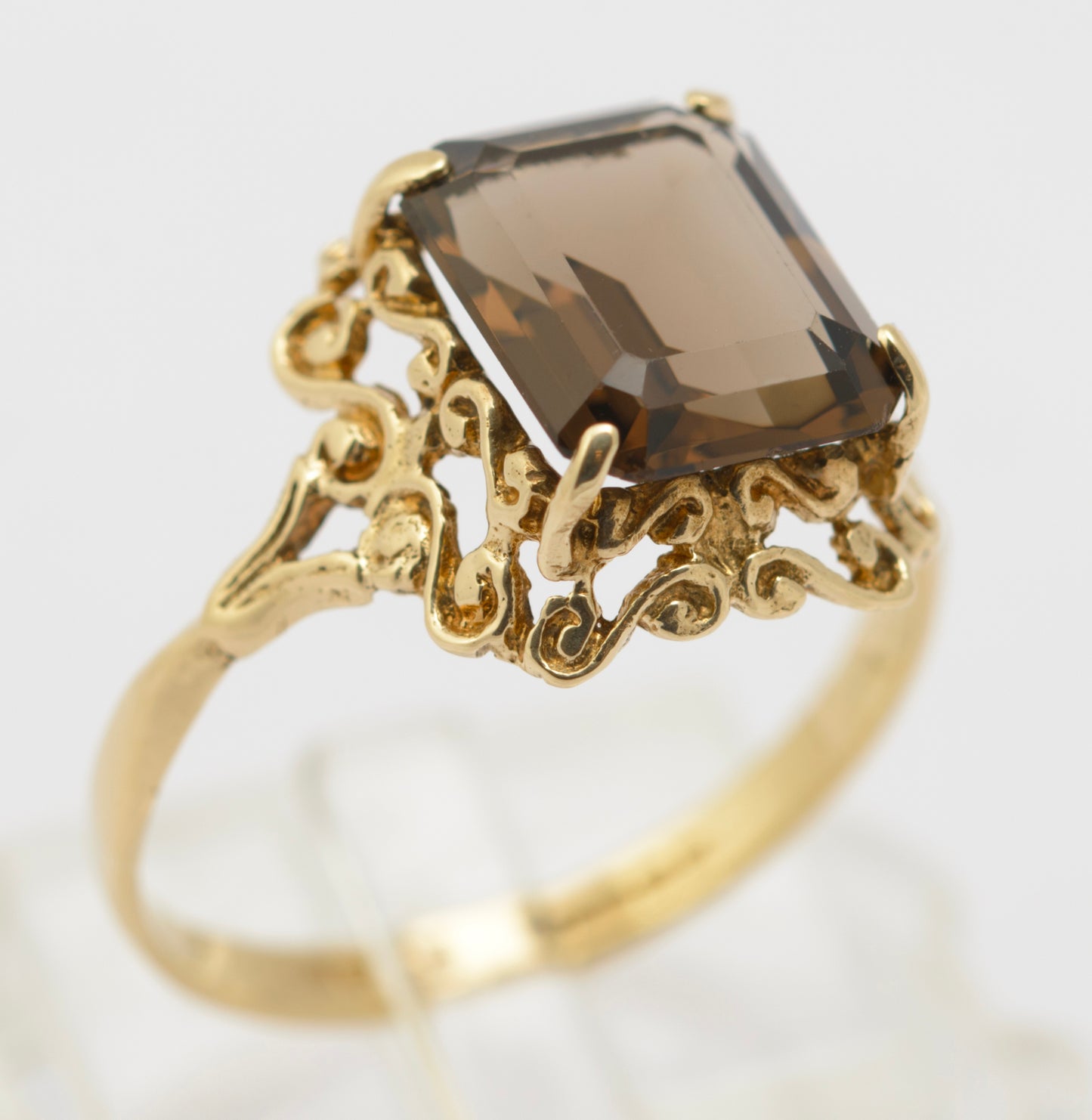 Vintage 9ct Gold & Natural Emerald Cut Smoky Quartz Gemstone Ring Size N1/2 (B2629)