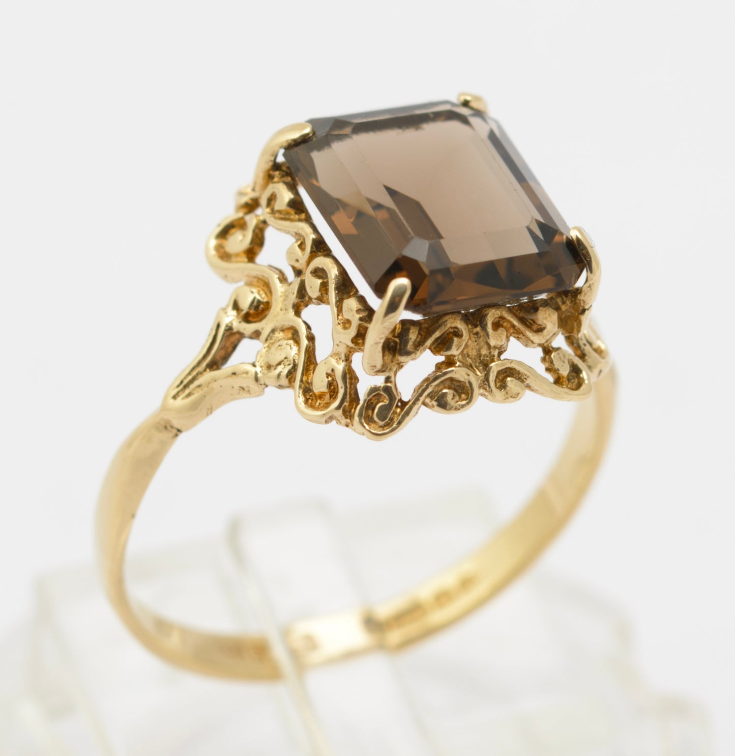 Vintage 9ct Gold & Natural Emerald Cut Smoky Quartz Gemstone Ring Size N1/2 (B2629)