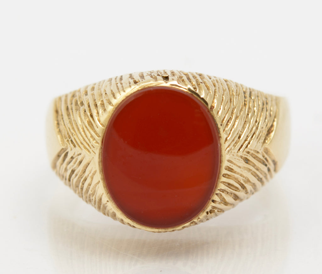 Vintage 9ct Gold Signet Ring With Carnelian Cabochon & Textured Detail UK Size Q (B2630)
