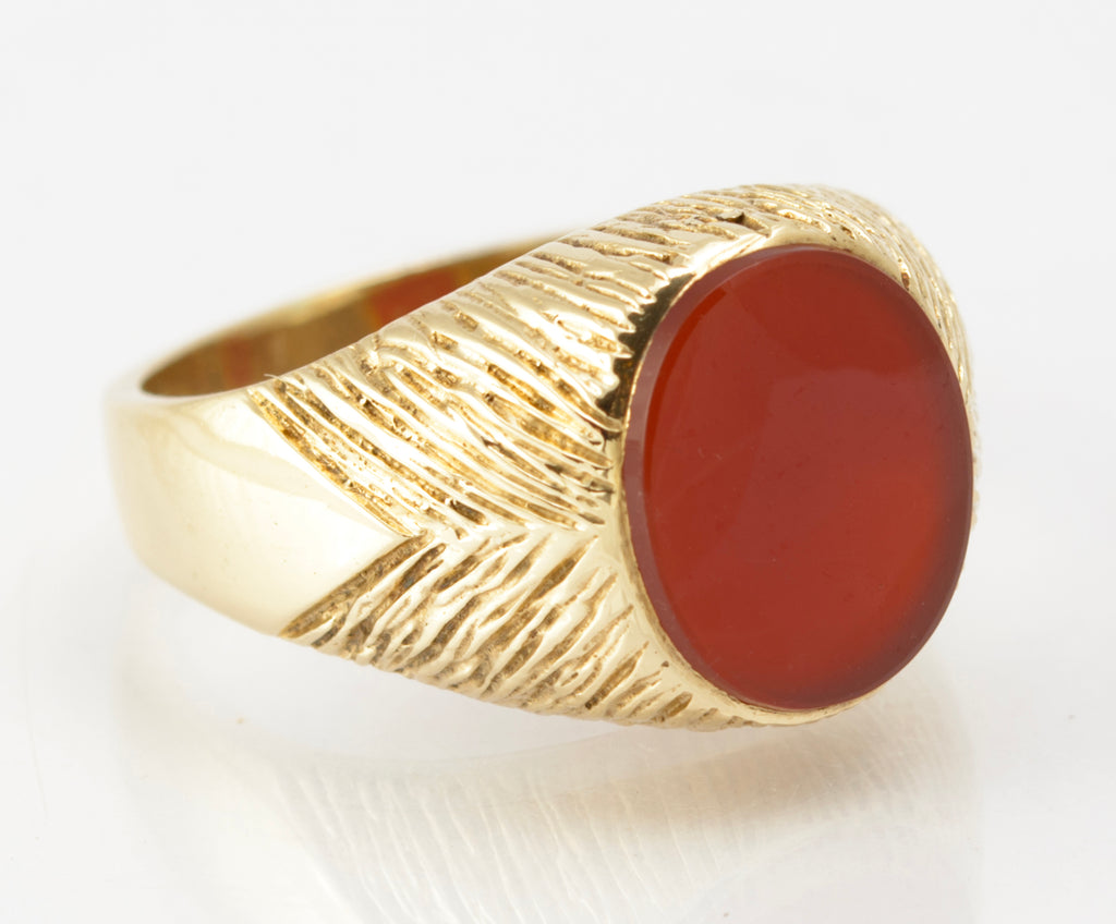 Vintage 9ct Gold Signet Ring With Carnelian Cabochon & Textured Detail UK Size Q (B2630)