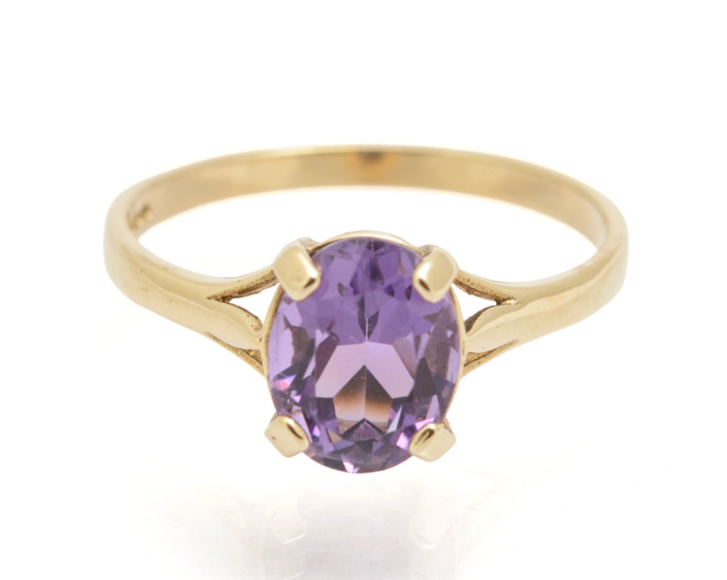 Vintage 9ct Gold & Natural Amethyst Gemstone Solitaire Ring Hallmarked 1990's UK Size P (B2647)