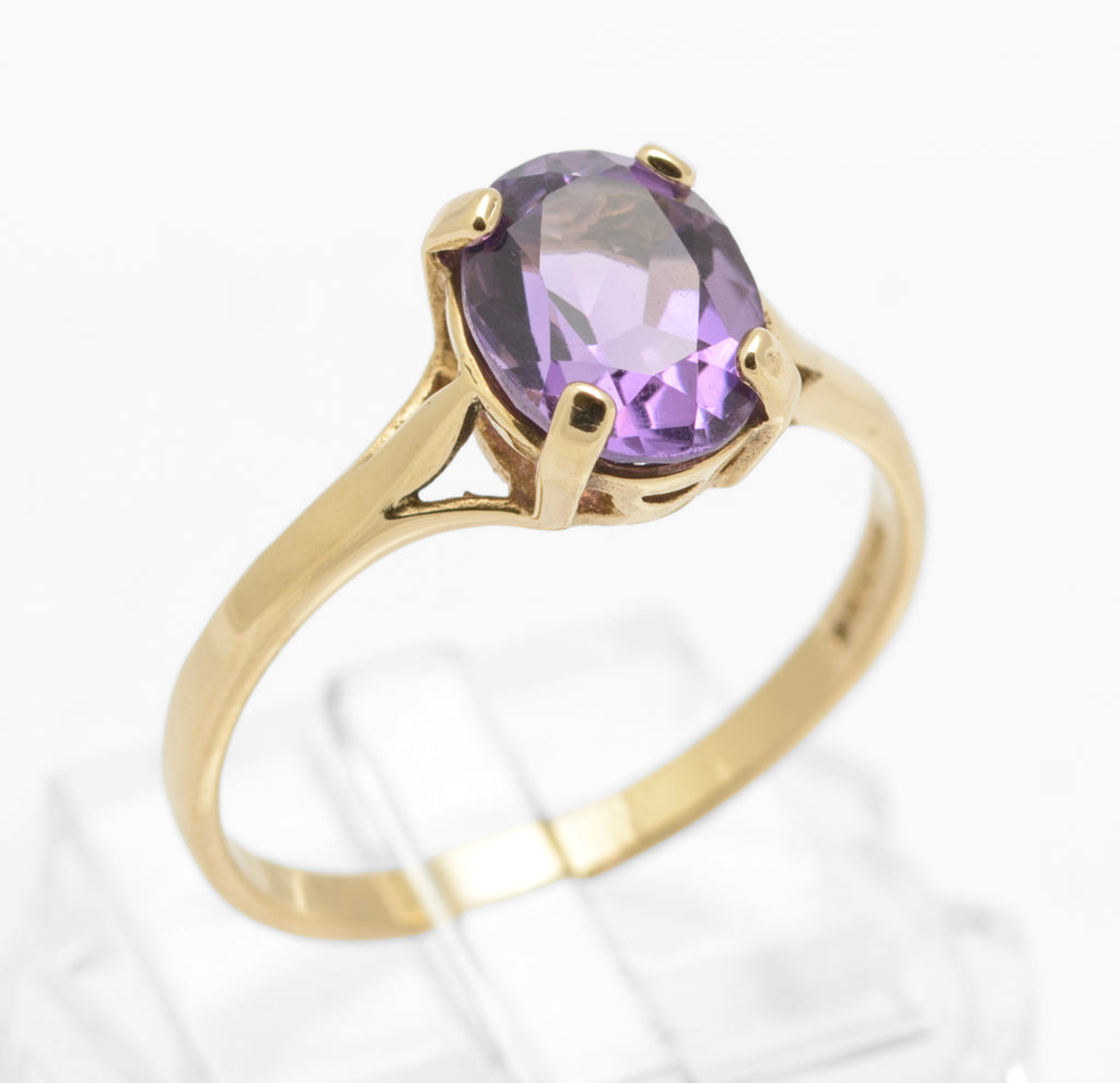 Vintage 9ct Gold & Natural Amethyst Gemstone Solitaire Ring Hallmarked 1990's UK Size P (B2647)