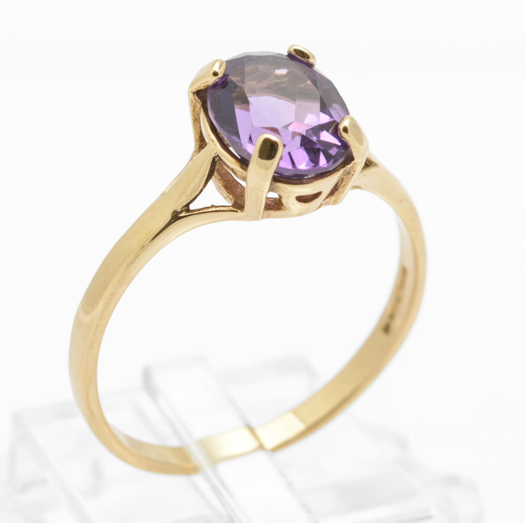 Vintage 9ct Gold & Natural Amethyst Gemstone Solitaire Ring Hallmarked 1990's UK Size P (B2647)