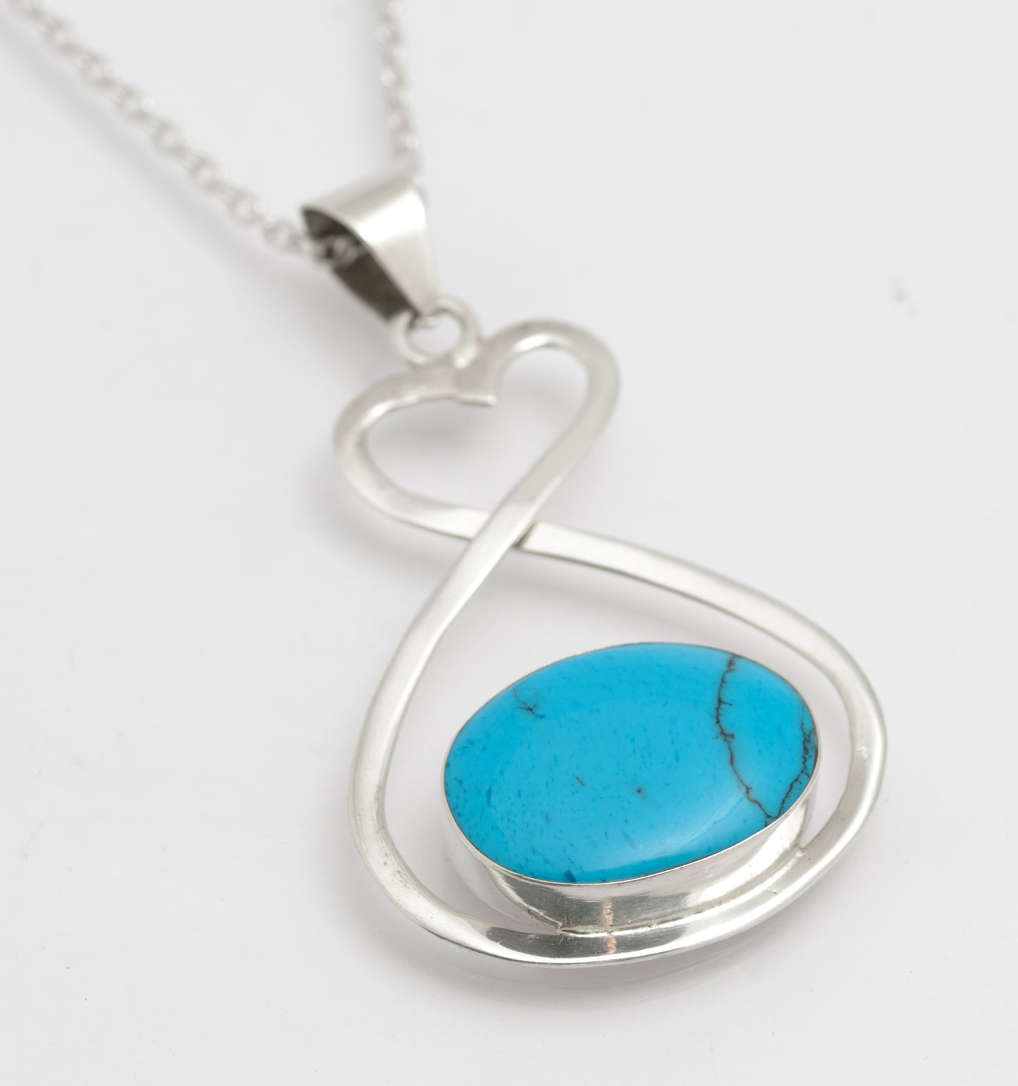 Vintage Mexican Sterling Silver & Turquoise Hand Made Pendant On Chain Necklace (B2654)