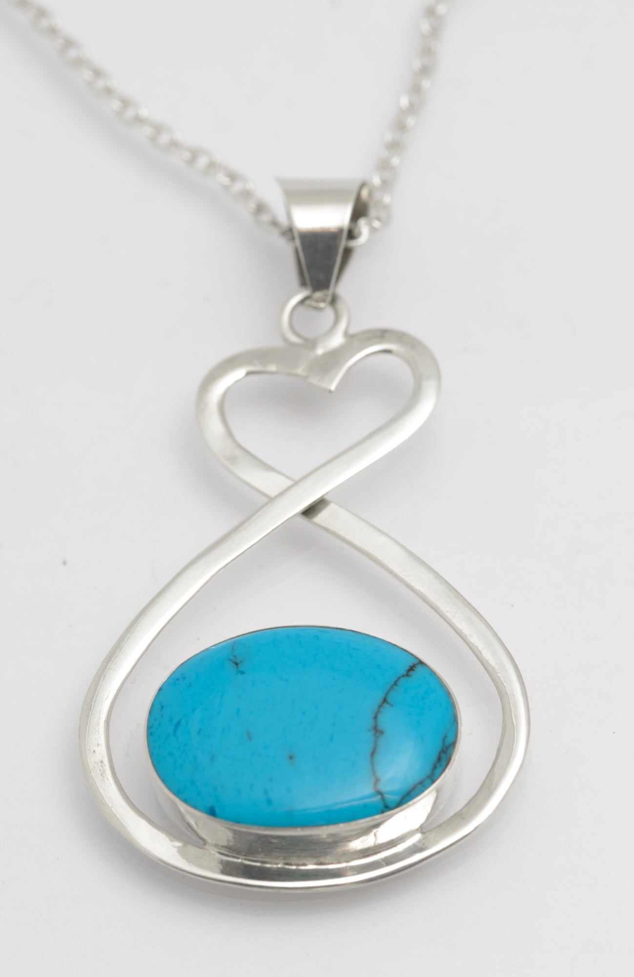 Vintage Mexican Sterling Silver & Turquoise Hand Made Pendant On Chain Necklace (B2654)