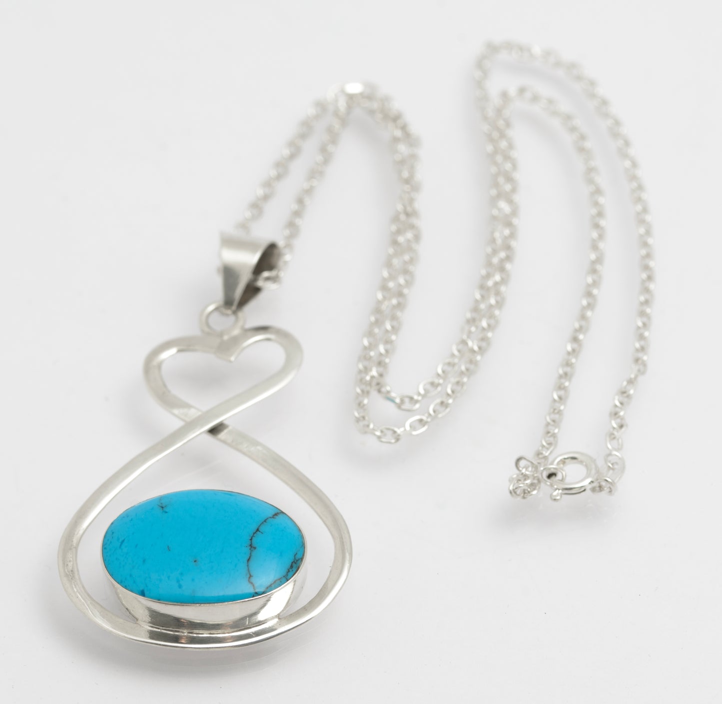 Vintage Mexican Sterling Silver & Turquoise Hand Made Pendant On Chain Necklace (B2654)