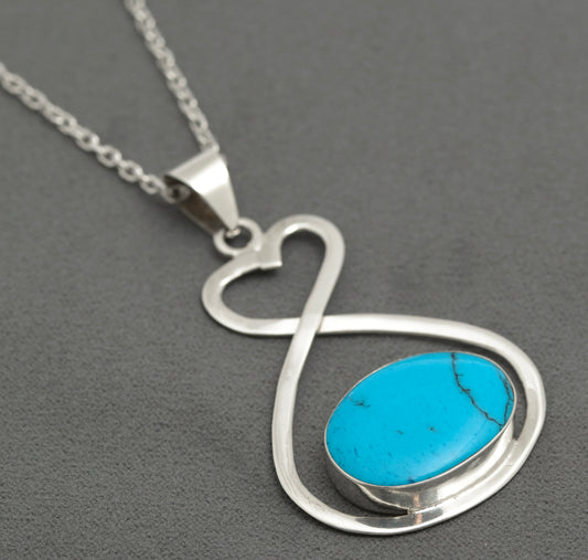 Vintage Mexican Sterling Silver & Turquoise Hand Made Pendant On Chain Necklace (B2654)