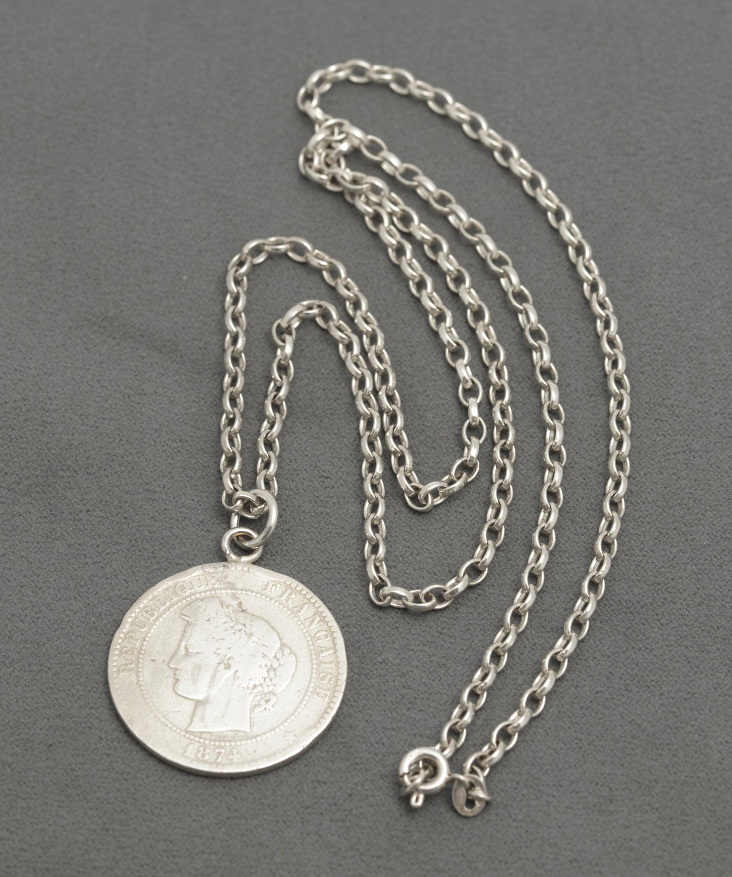 Antique French 10 Centimes Coin Pendant Necklace On Sterling Silver Chain (B2655)