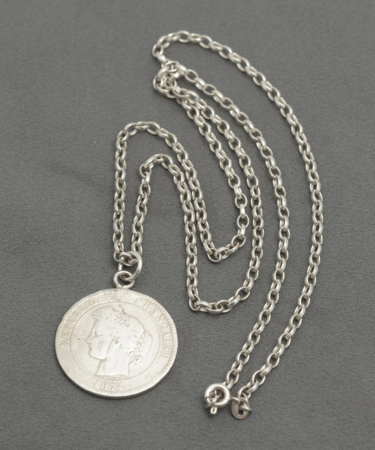 Antique French 10 Centimes Coin Pendant Necklace On Sterling Silver Chain (B2655)
