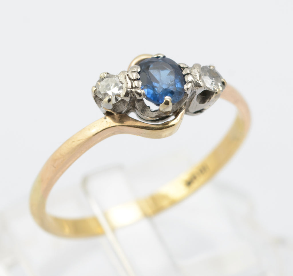 Vintage 18ct Gold & Natural Sapphire & Diamond Bypass Ring UK Size M (B2662)