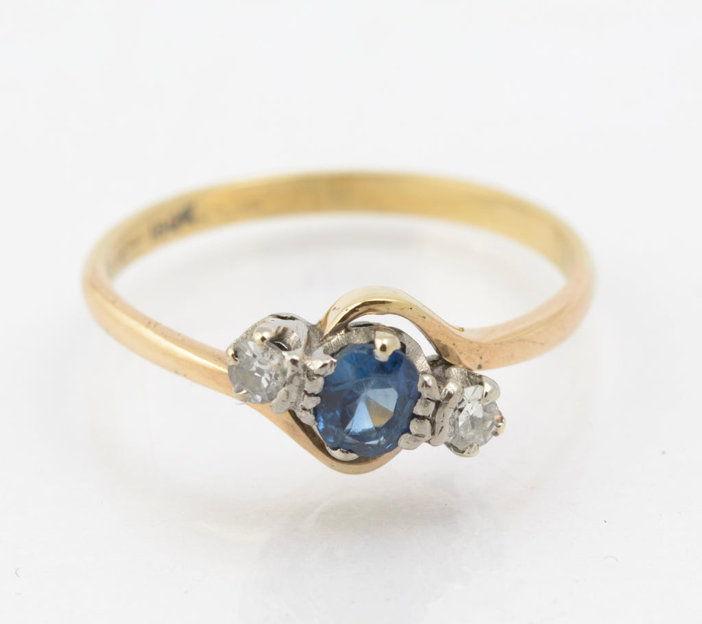 Vintage 18ct Gold & Natural Sapphire & Diamond Bypass Ring UK Size M (B2662)
