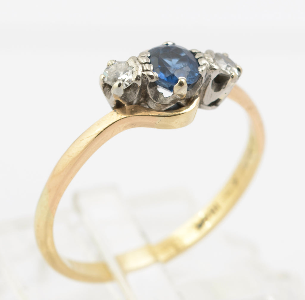 Vintage 18ct Gold & Natural Sapphire & Diamond Bypass Ring UK Size M (B2662)