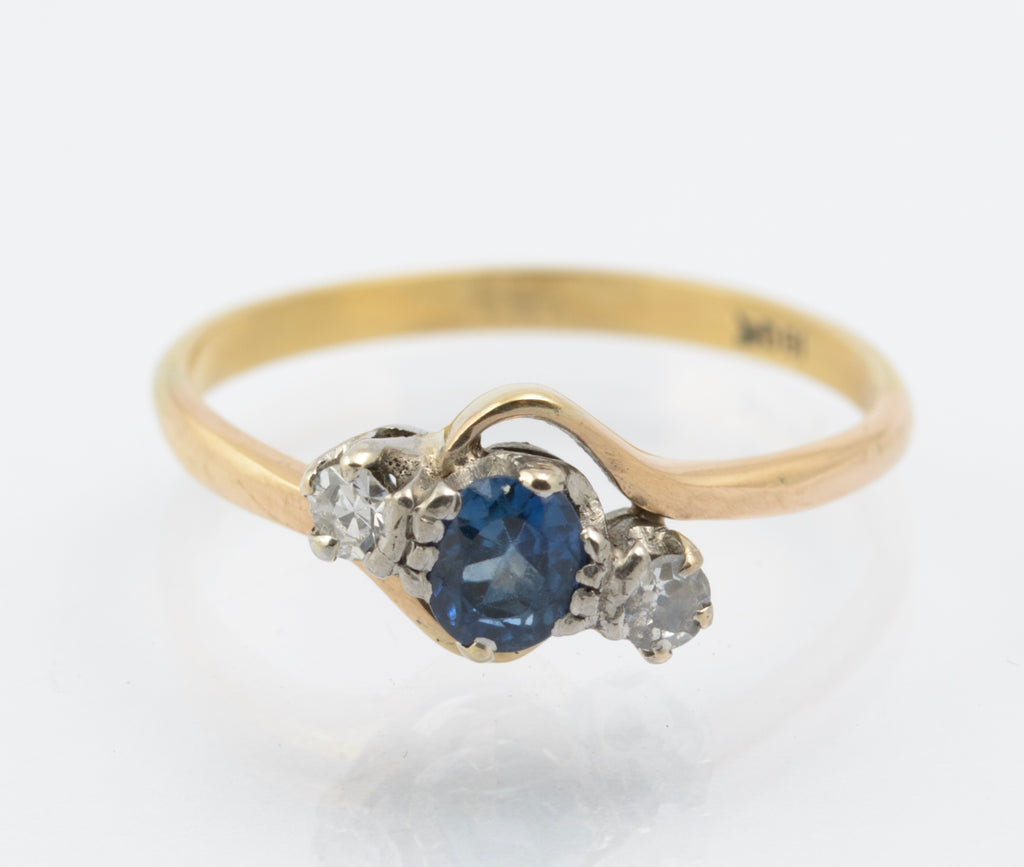 Vintage 18ct Gold & Natural Sapphire & Diamond Bypass Ring UK Size M (B2662)