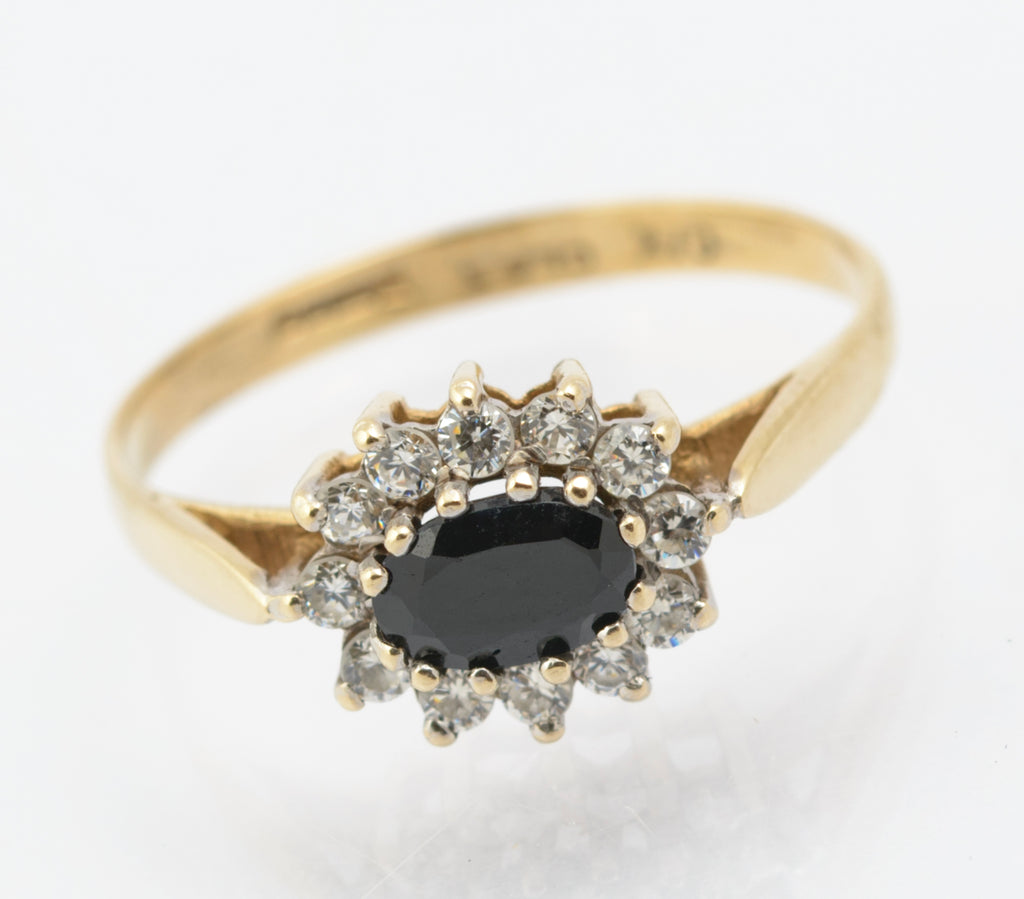 Vintage 9ct Gold Natural Midnight Blue Sapphire Ring - CZ Halo - East-West Set - Birmingham 1986 - UK Size N - B2663
